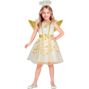 Engel Kinderkostüm Kleid kurz mit Federn auf dem Rock Heiligenschein und Flügeln weiß-gold