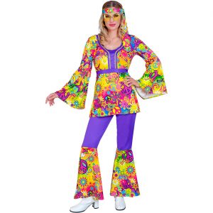 70er Jahre Hippiegirl Kostüm Anzug Motiv Peace and Love lila-bunt