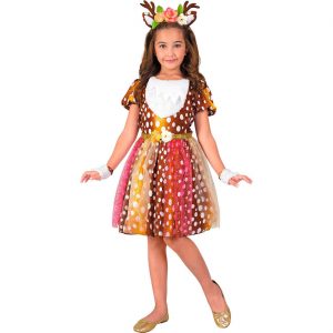 Reh Faun Rentier Kinderkostüm Kleid kurz mit Haarreif und Armstulpen braun-rosa