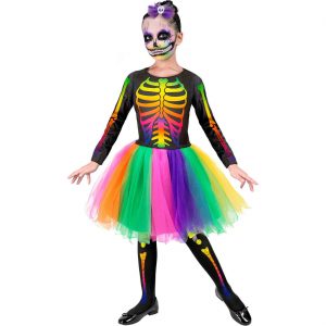 Skelett Ballerina Kinderkostüm Kleid kurz mit Tut aus Tüll in Regenbogenfarben schwarz-bunt