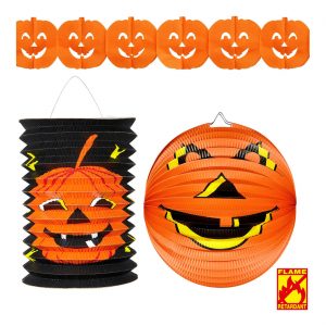 Kürbis Dekolaternen Lampion Set 2 Lampions und 1 Girlande 3m orange-schwarz