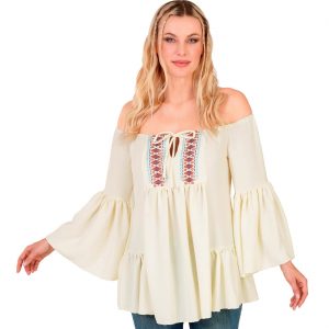 Mittelalterliches / Hippie Hemd Bluse mit Bordüre und Trompetenärmeln creme-bunt