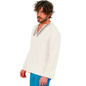 Mittelalterliches / Hippie Hemd Bluse mit Bordüre creme-bunt