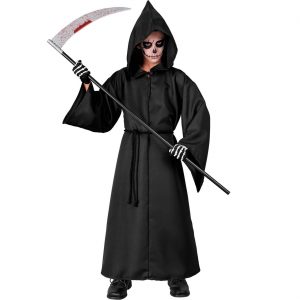 Geist / Sensenmann Kinderkostüm Robe Tunika lang Deluxe mit Kapuze und Gürtel schwarz