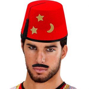 Orientalen Hut Fez mit Mond und Sternen aus Filz rot-gold