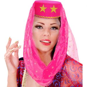 Orientalin / bezaubernde Jeannie Hut mit Schleier Kinnschleier und Sternen Haremshut pink-gold