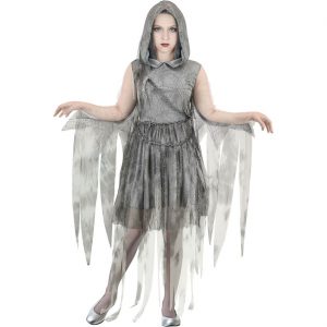 Zombie Braut Kinderkostüm Kleid halblang mit Spinnweben und Ketten Ghostly Spirit grau