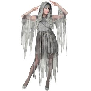 Zombie Braut Kostüm Kleid halblang mit Spinnweben und Ketten Ghostly Spirit grau