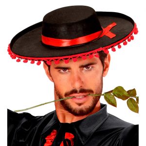Spanier Flamencotänzer Hut mit kleinen Hängebommeln schwarz-rot
