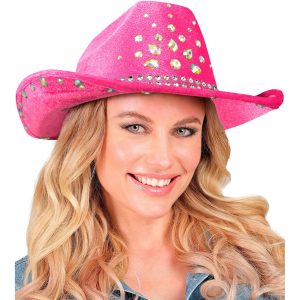Cowgirl Cowboy / Festival Cowboyhut mit großen Strassoptik Diamanten pink-silber