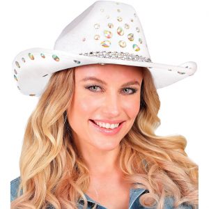 Cowgirl Cowboy / Festival Cowboyhut mit großen Strassoptik Diamanten weiß-silber