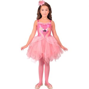 Vogel Flamingo Kinderkostüm Kleid kurz mit Tutu aus Tüll und Haarreif pink-rosa