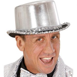 Show / Saloon Zylinderhut metallic mit Paillette Lamee silber silber