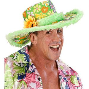 Clown / Hippies Hut mit breiter Krempe Blumen Sonnenblume und Plüschrand grün-bunt