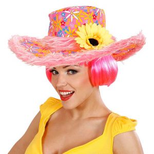 Clown / Hippies Hut mit breiter Krempe Blumen Sonnenblume und Plüschrand pink-bunt