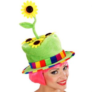 Clown Zylinderhut Textilhut aus Samt mit Sonnenblumen grün-bunt