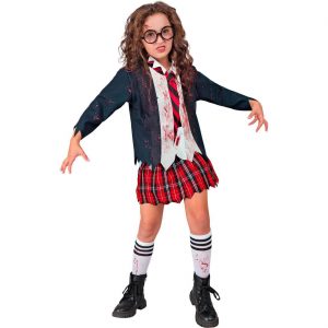 Zombie Schoolgirl Kinderkostüm Kleid kurz Schulmädchen mit Strümpfen grau-rot