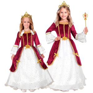 Prinzessin Edeldame Kinderkostüm Kleid lang mit Samt und Reifrock dunkelrot-weiß