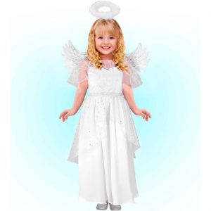 Engel Kinderkostüm Kleid lang mit Sternen auf Chiffon und Heiligenschein weiß-silber