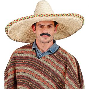 Mexikaner Mariachi Strohhut Sombrero rot-grün Webmuster 65cm beige-bunt