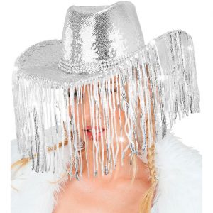 Cowgirl Cowboy / Festival Cowboyhut mit Pailletten und Strassfransen silber