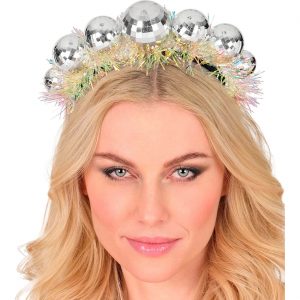 80er Jahre Discokugel Krone Diadem Haarreif mit Lamettafransen silber-schwarz