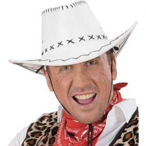 Cowgirl Cowboy Cowboyhut Glattlederoptik mit Nähten weiß-schwarz