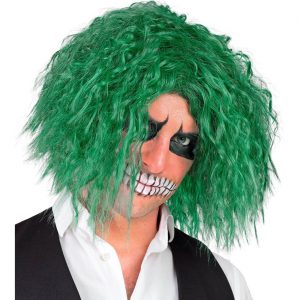 Böser Clown Perücke kurz Bob lockig Killerclown Superheld böser Joker strubbelig mit Seitenscheitel grün
