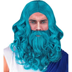 Meermann Neptun Zeus Perücke lang lockig+Bart Langhaarfrisur Locken Oberlippenbart Vollbart Poseidon türkis