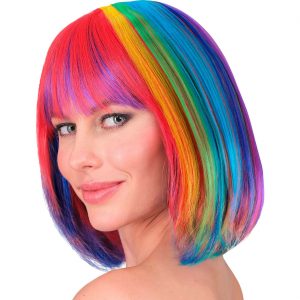 Regenbogen Perücke kurz Bob glatt Regenbogen Kurzhaarfrisur Pagenschnitt rund auslaufend mit Pony bunt