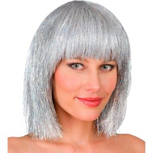 Space / Engel Perücke kurz Bob glatt Glitzy Kurzhaarfrisur Pagenschnitt rund auslaufend mit Pony silber