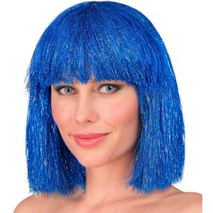Space Perücke kurz Bob glatt Glitzy Kurzhaarfrisur Pagenschnitt rund auslaufend mit Pony blau