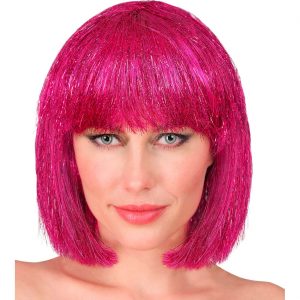 Space Perücke kurz Bob glatt Glitzy Kurzhaarfrisur Pagenschnitt rund auslaufend mit Pony pink