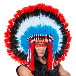 Indianer Federkopfschmuck Häuptling kurz Superdeluxe rot-türkis