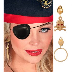 Piraten Augenklappe+Ohrring Set Clips mit Schädel oder Ring oder Schwert schwarz-gold