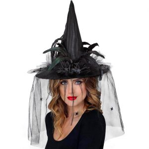 Hexen Zauberer Hexenhut mit Tüllschleier vielen Federn und Spinnen Superdeluxe schwarz