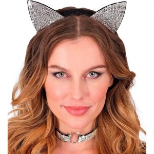 Katzen Haarreif mit Ohren+Halsband Set mit Strasssteinen Deluxe schwarz-silber