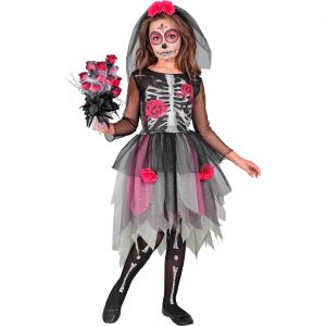 Zombie Braut Kinderkostüm Kleid kurz mit Blumenmotiven Skelettbrust Haarreif und Schleier schwarz-pink