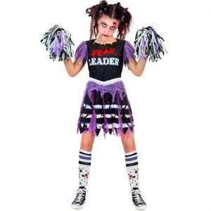 Zombie Cheerleaderin Kinderkostüm Kleid kurz Fear Leader mit Pompon schwarz-lila