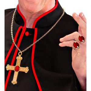 Kreuz Halskette+Ringe Set mit Steinen Kardinal Set mit 2 Ringen gold-rot