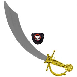 Piraten / Orientalen Krummschwert Krummsäbel Classic aus Kunststoff 47cm mit Augenklappe silber-gold