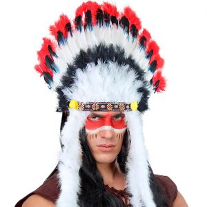 Indianer Federkopfschmuck Häuptling mit langen Marabu-Bändern rot-schwarz