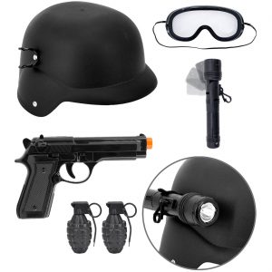 Polizei FBI SWAT Waffen+Helm Set Sturmbrille 2 Handgranaten Helm- oder Taschenlampe Pistole schwarz