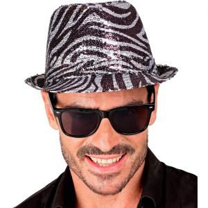 Superstars Pimp Zebra Trilbyhut schmale Krempe Pailletten schwarz-weiß