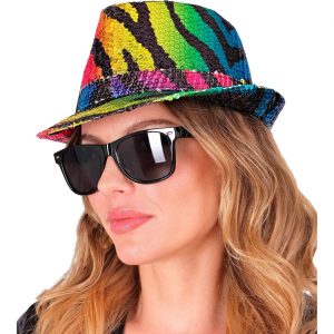 Superstars Pimp Tiger Trilbyhut schmale Krempe Pailletten bunt