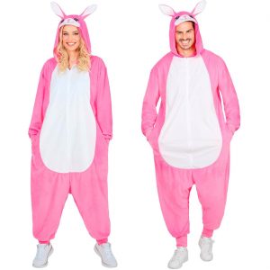 Hase Bunny Plüschkostüm Overall Plüsch Onesie aus kurzem Plüsch Velours rosa Häschen pink-weiß