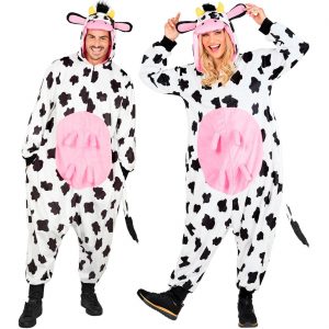 Kuh Plüschkostüm Overall Plüsch Onesie aus kurzem Plüsch Velours mit rosa Euter schwarz-weiß