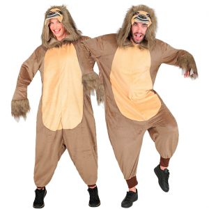 Faultier Plüschkostüm Overall Plüsch Onesie aus kurzem Plüsch Velours hellbraun-dunkelbraun