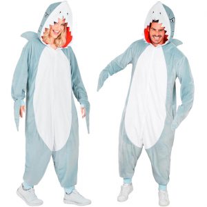 Wassertier Fisch Hai Plüschkostüm Overall Plüsch Onesie aus kurzem Plüsch Velours blau-weiß