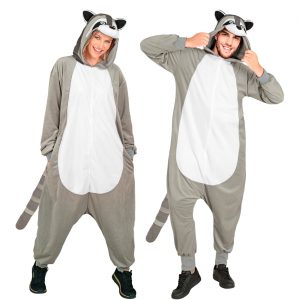 Bär Waschbär Plüschkostüm Overall Plüsch Onesie aus kurzem Plüsch Velours grau-weiß